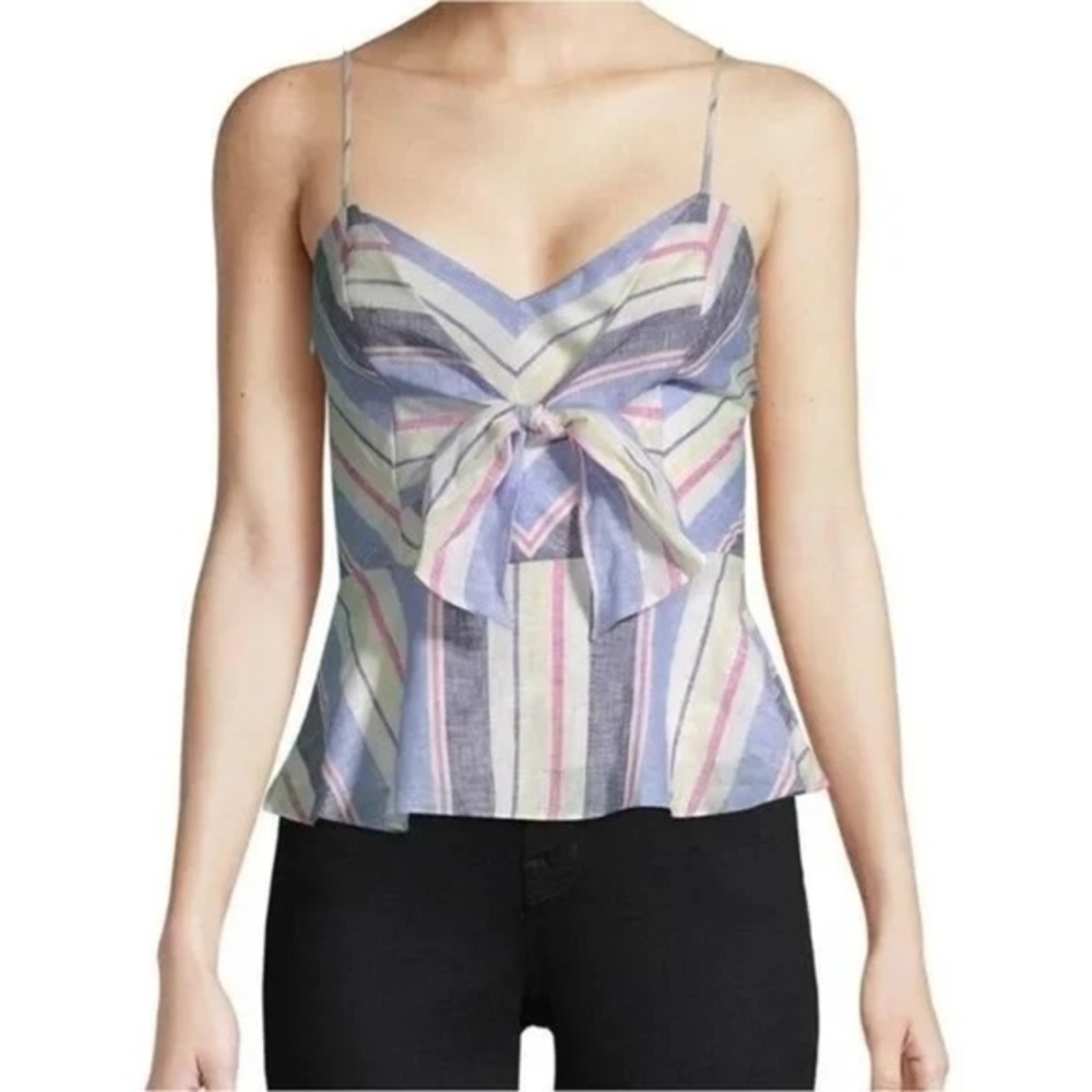 Parker Whitney Striped Tie Front Peplum Linen Top Size Large NWT